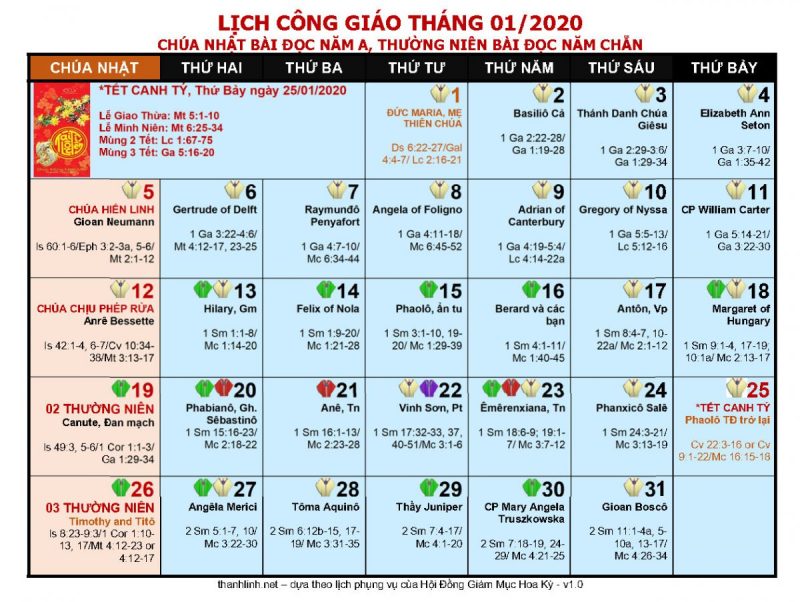 lịch công giáo 2020 - tháng 1