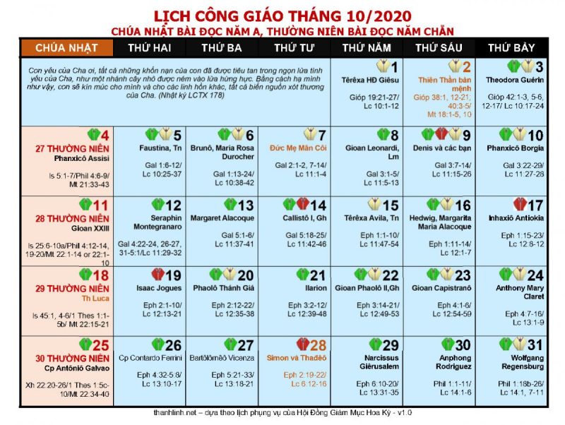 lịch công giáo 2020 - tháng 10