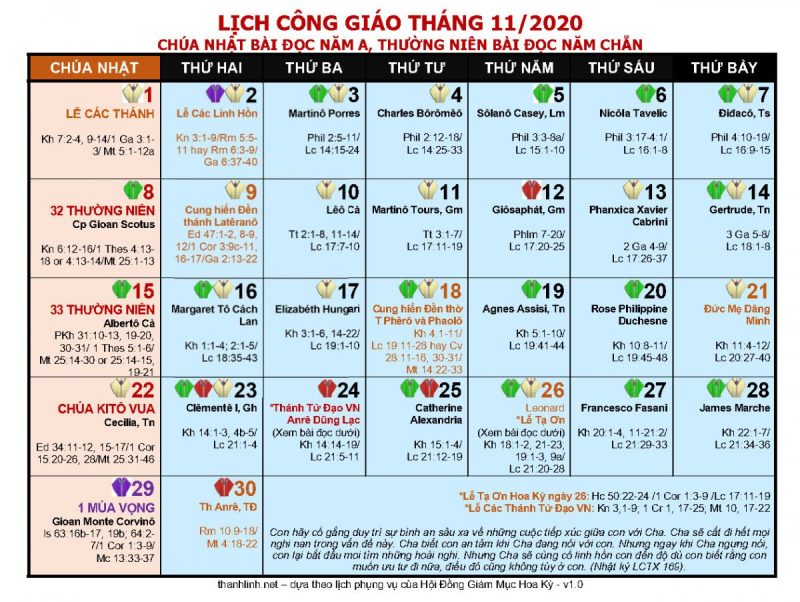 lịch công giáo 2020 - tháng 11