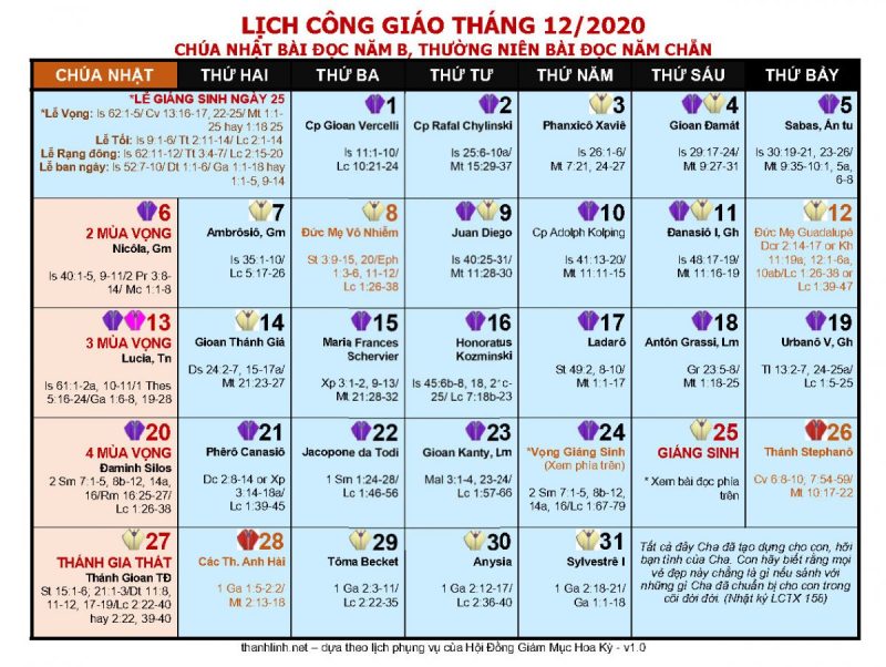 lịch công giáo 2020 - tháng 12