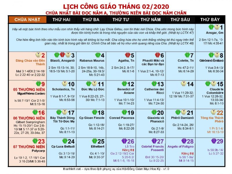 lịch công giáo 2020 - tháng 2