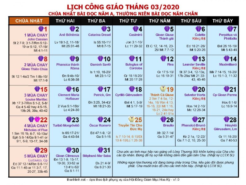 lịch công giáo 2020 - tháng 3