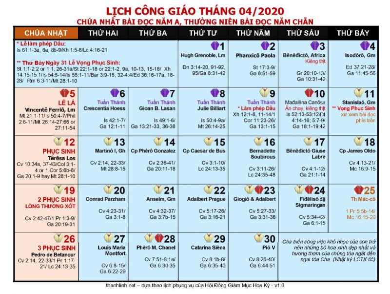 lịch công giáo 2020 - tháng 4