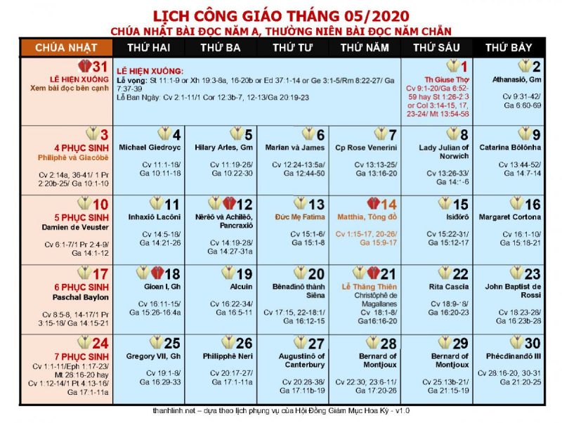 lịch công giáo 2020 - tháng 5