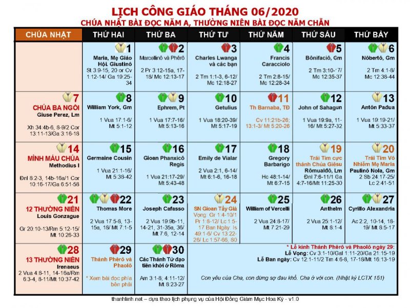 lịch công giáo 2020 - tháng 6