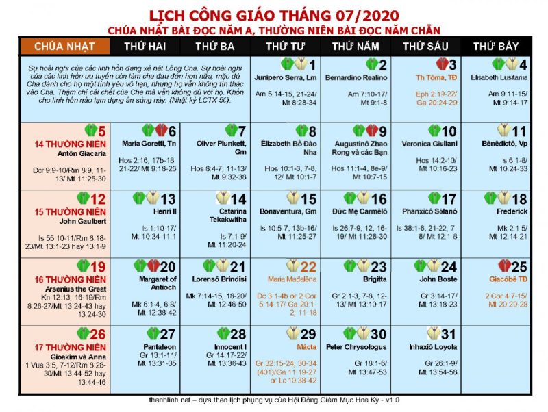 lịch công giáo 2020 - tháng 7