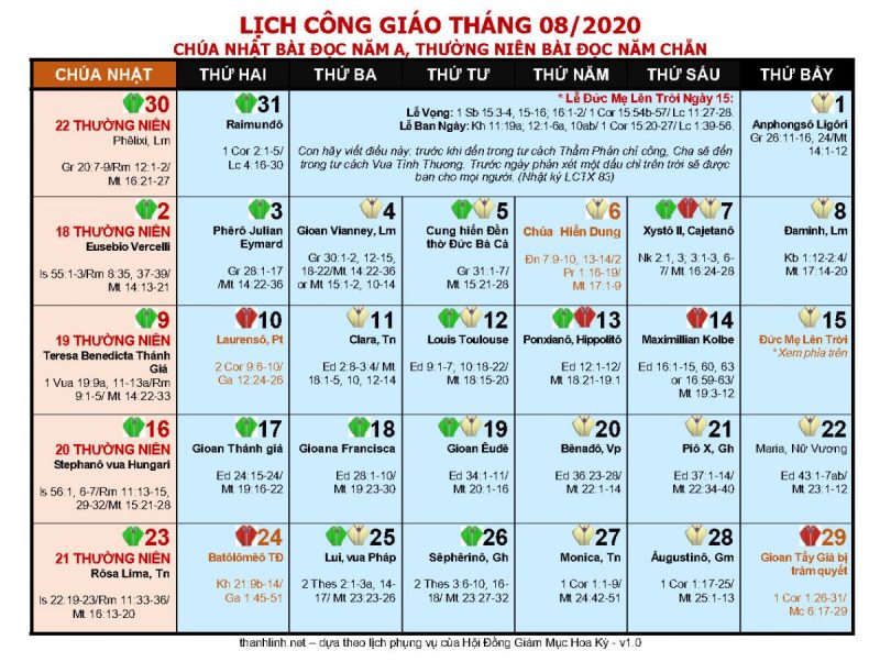 lịch công giáo 2020 - tháng 8