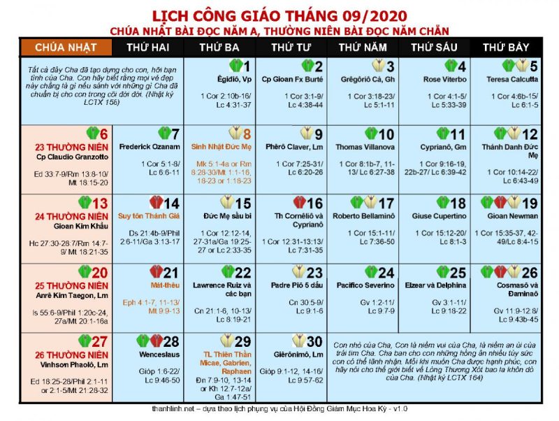 lịch công giáo 2020 - tháng 9